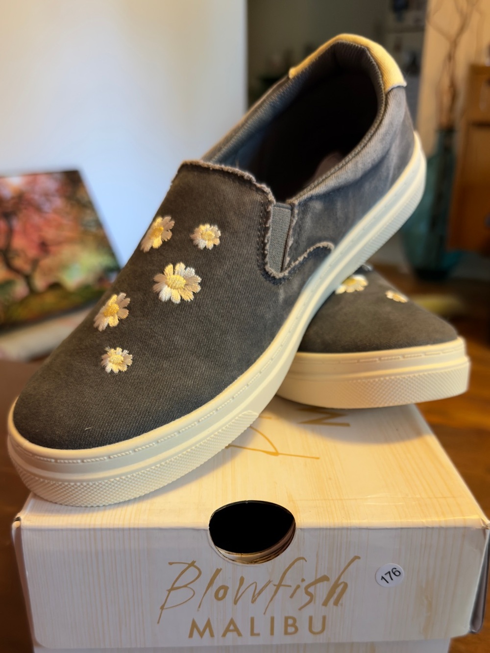 Blowfish Grey Slip-On Sneakers with Yellow Daisy Embroidery